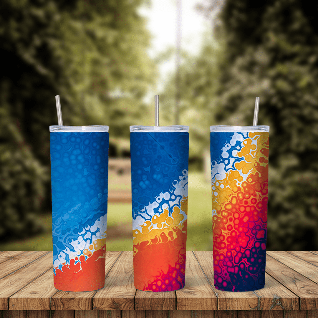 A full 20 oz skinny tumbler wrap with an abstract wallpaper style design: blue waves meeting orange and red with white bubble. Sublimation design