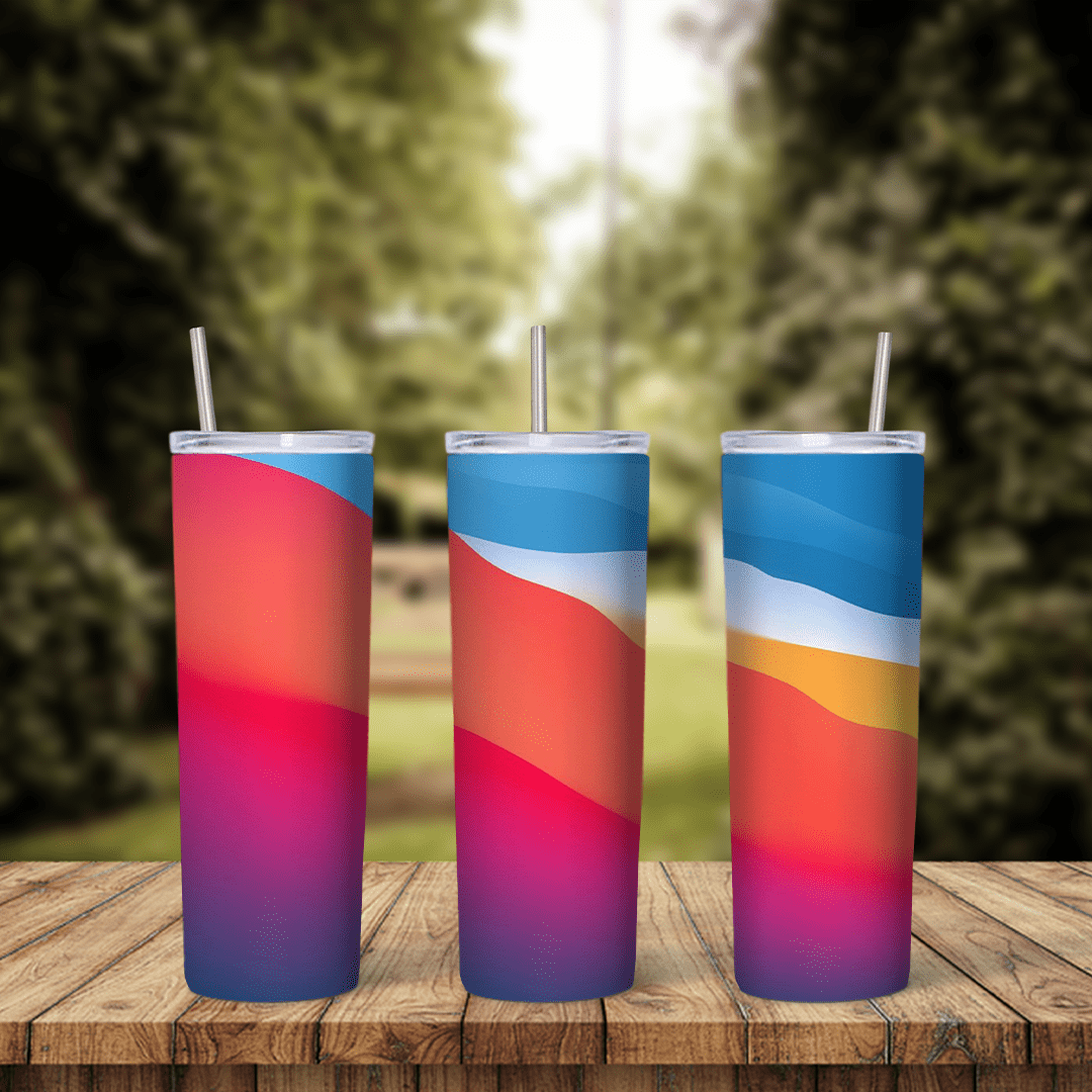 A full 20 oz skinny tumbler wrap with layered abstract waves in red, coral, orange, pink and sky blue. Sublimation design