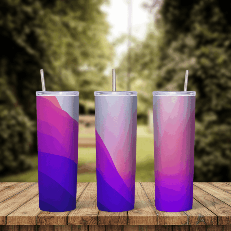 A full 20 oz skinny tumbler wrap with smooth layered waves in pink, magenta, violet and pale lilac. Sublimation design