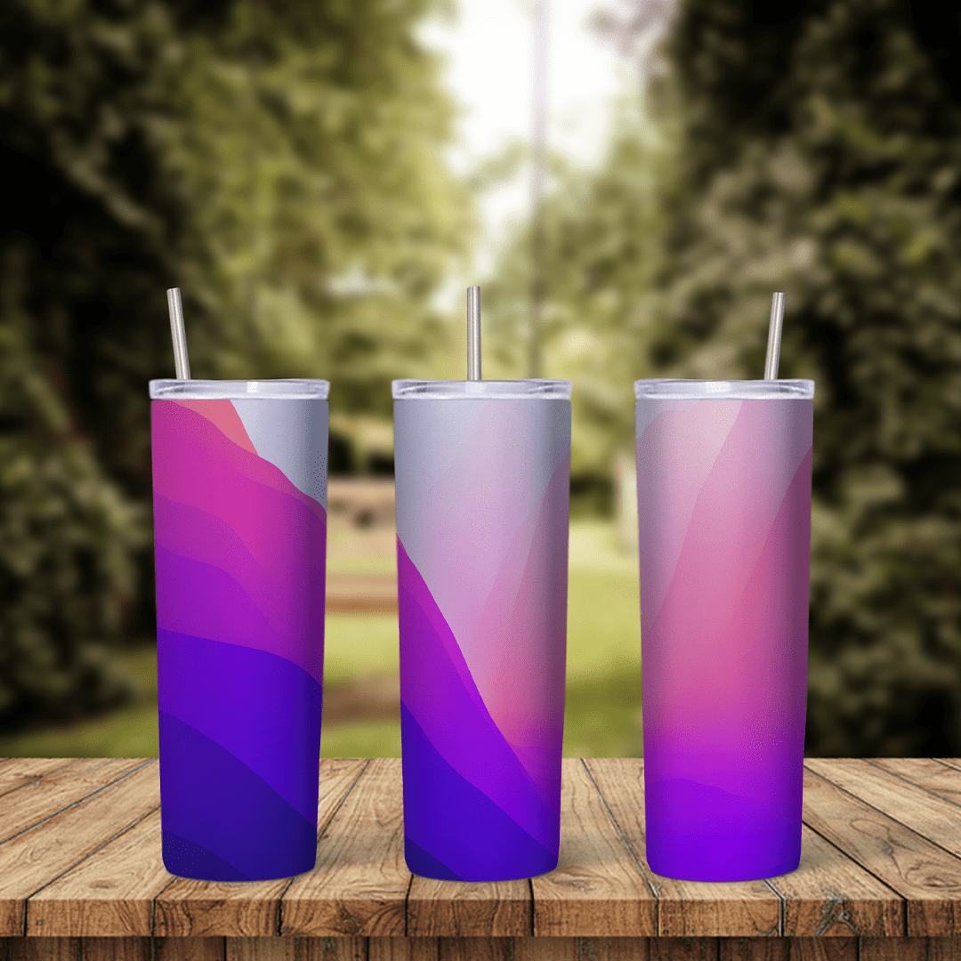 A full 20 oz skinny tumbler wrap with smooth layered waves in pink, magenta, violet and pale lilac. Sublimation design