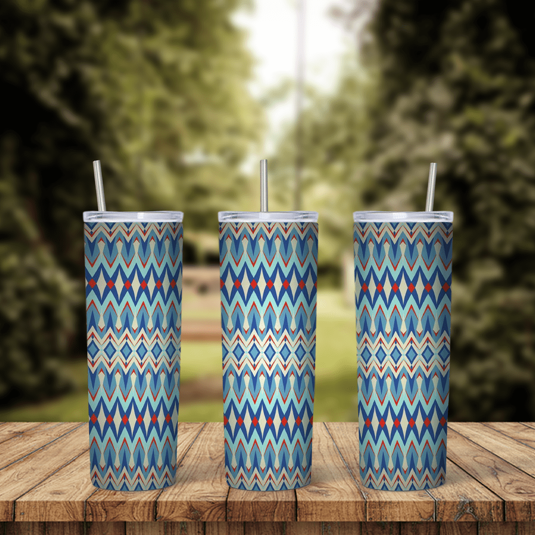 A full 20 oz skinny tumbler wrap with a Native American inspired woven pattern of blue, red and white zigzag and diamond bands. Sublimation design