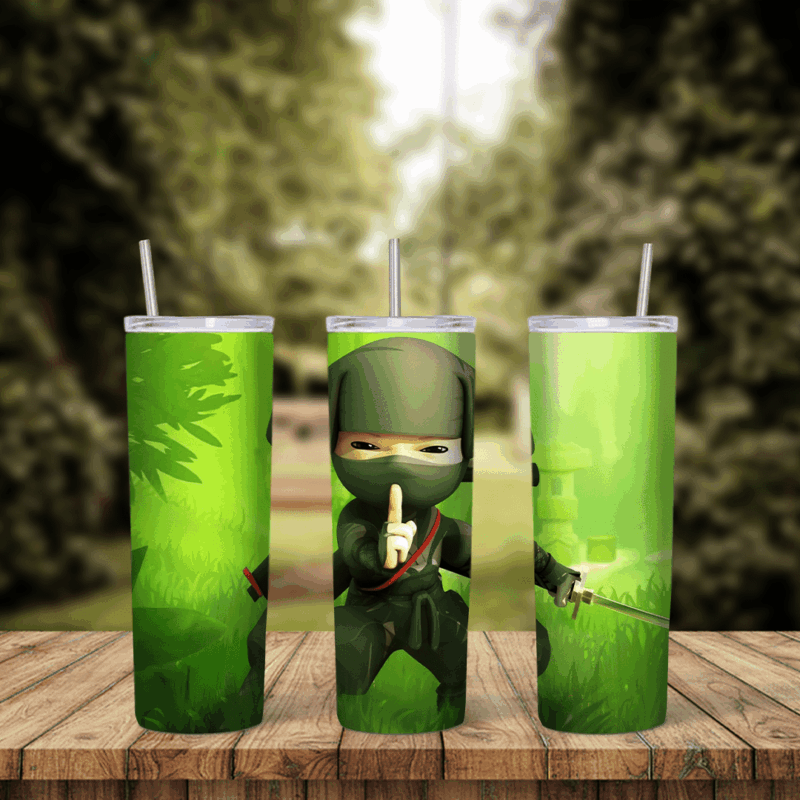 A full 20 oz skinny tumbler wrap with a cartoon ninja in a green hood making a hand sign, next to a ninja with a sword. Sublimation design