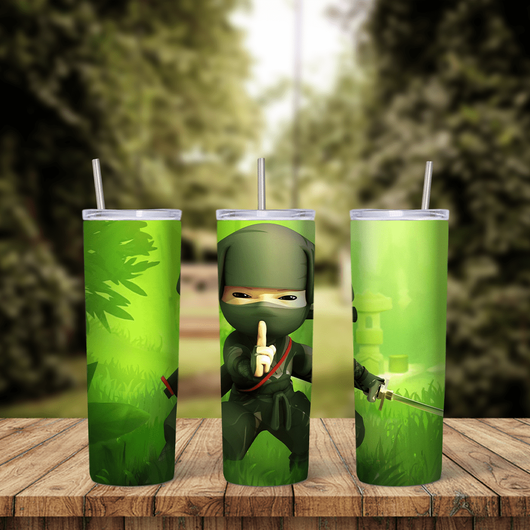 A full 20 oz skinny tumbler wrap with a cartoon ninja in a green hood making a hand sign, next to a ninja with a sword. Sublimation design
