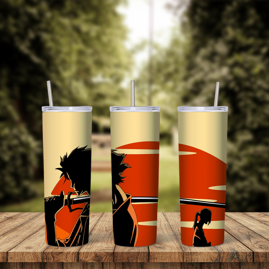 A full 20 oz skinny tumbler wrap with a samurai silhouette holding a katana in front of a large red sun, plus a small female. Sublimation design