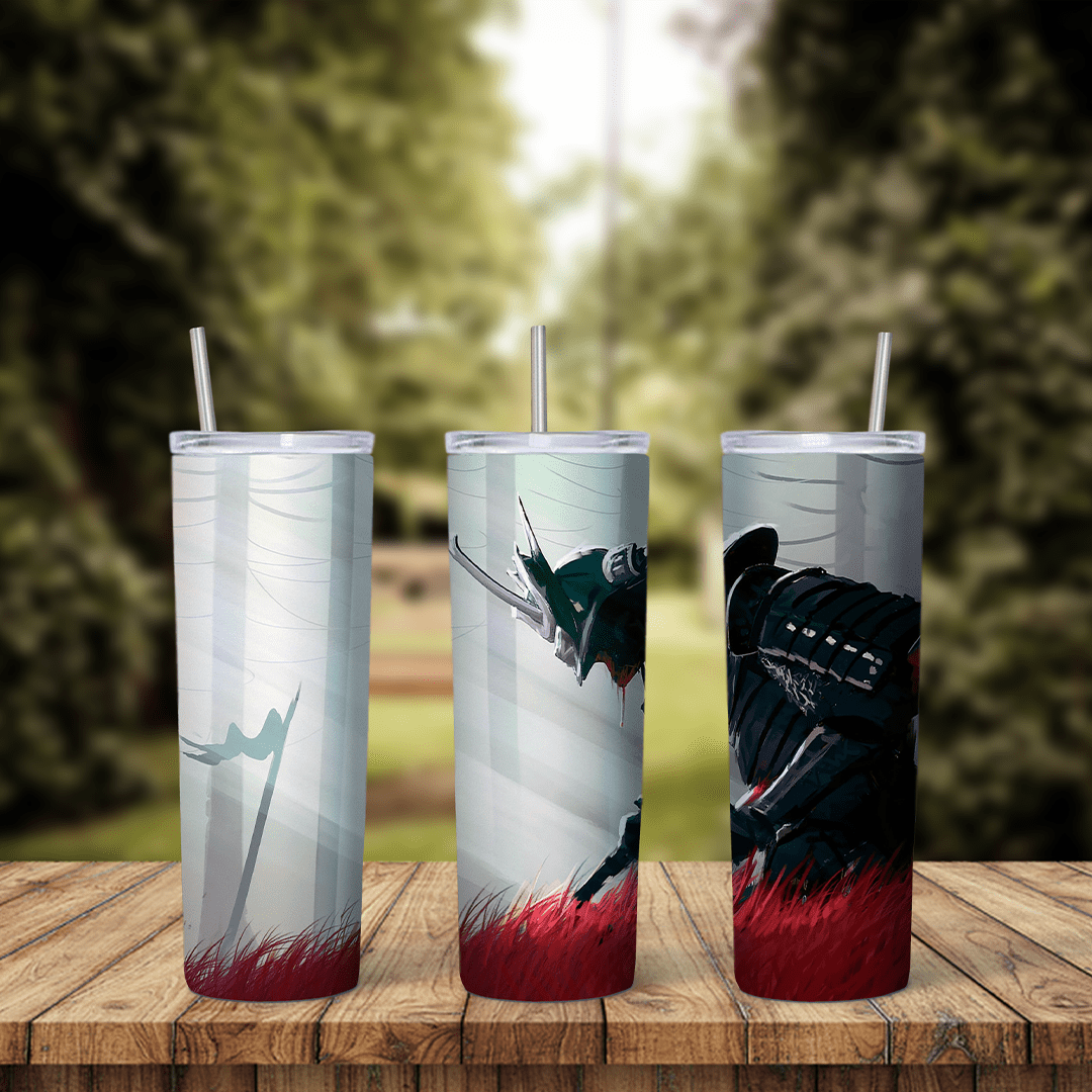 A full 20 oz skinny tumbler wrap with a black samurai warrior drawing his sword in misty grey light, over a band of red grass. Sublimation design