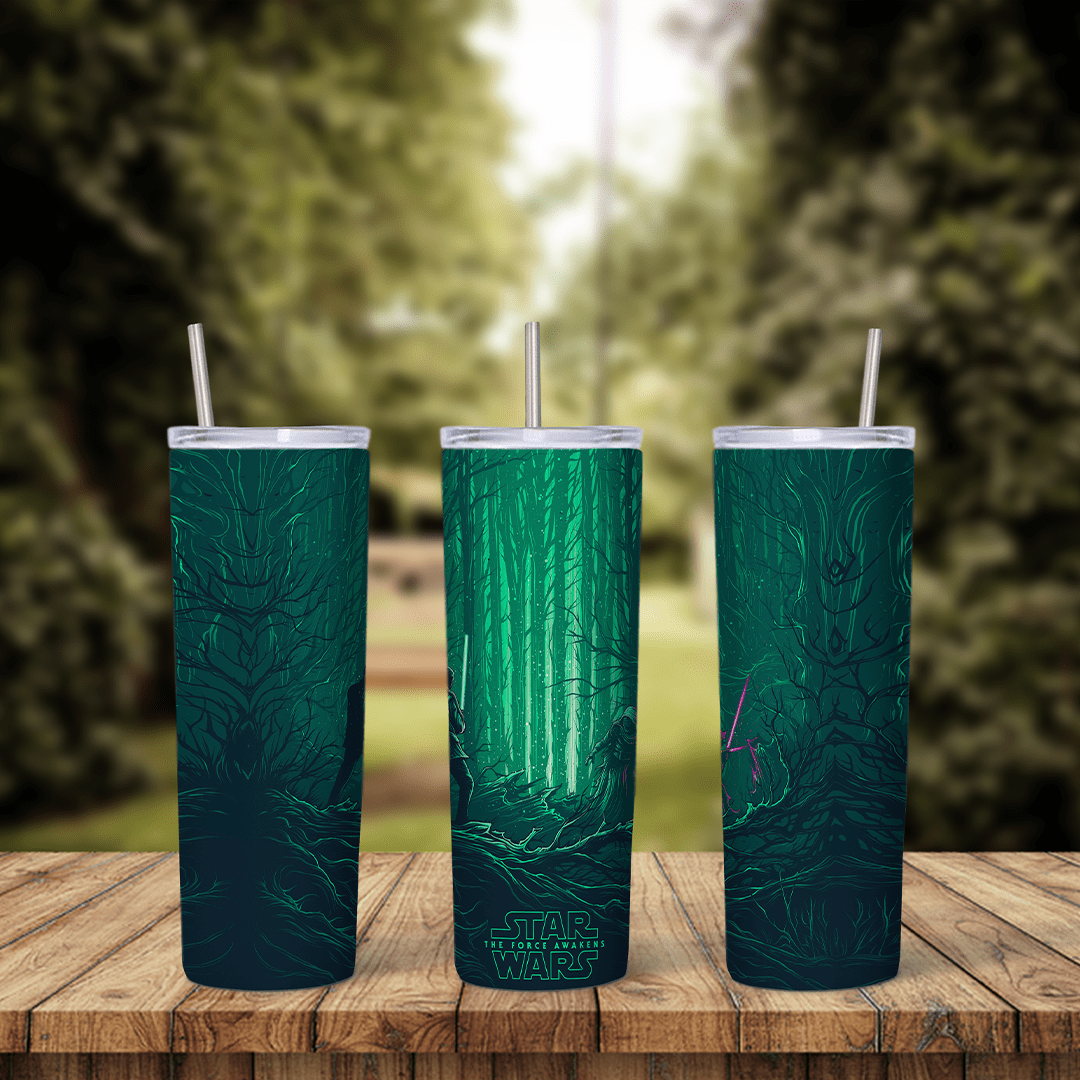 A 20 oz skinny tumbler wrap with dark teal textured art, bright green light beams falling through the center and a small Star. Sublimation design