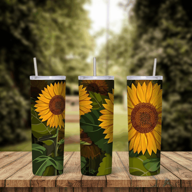 A sunflower tumbler wrap with large realistic sunflowers set among dark green leaves, giving a deep garden look in green, gold. Sublimation design