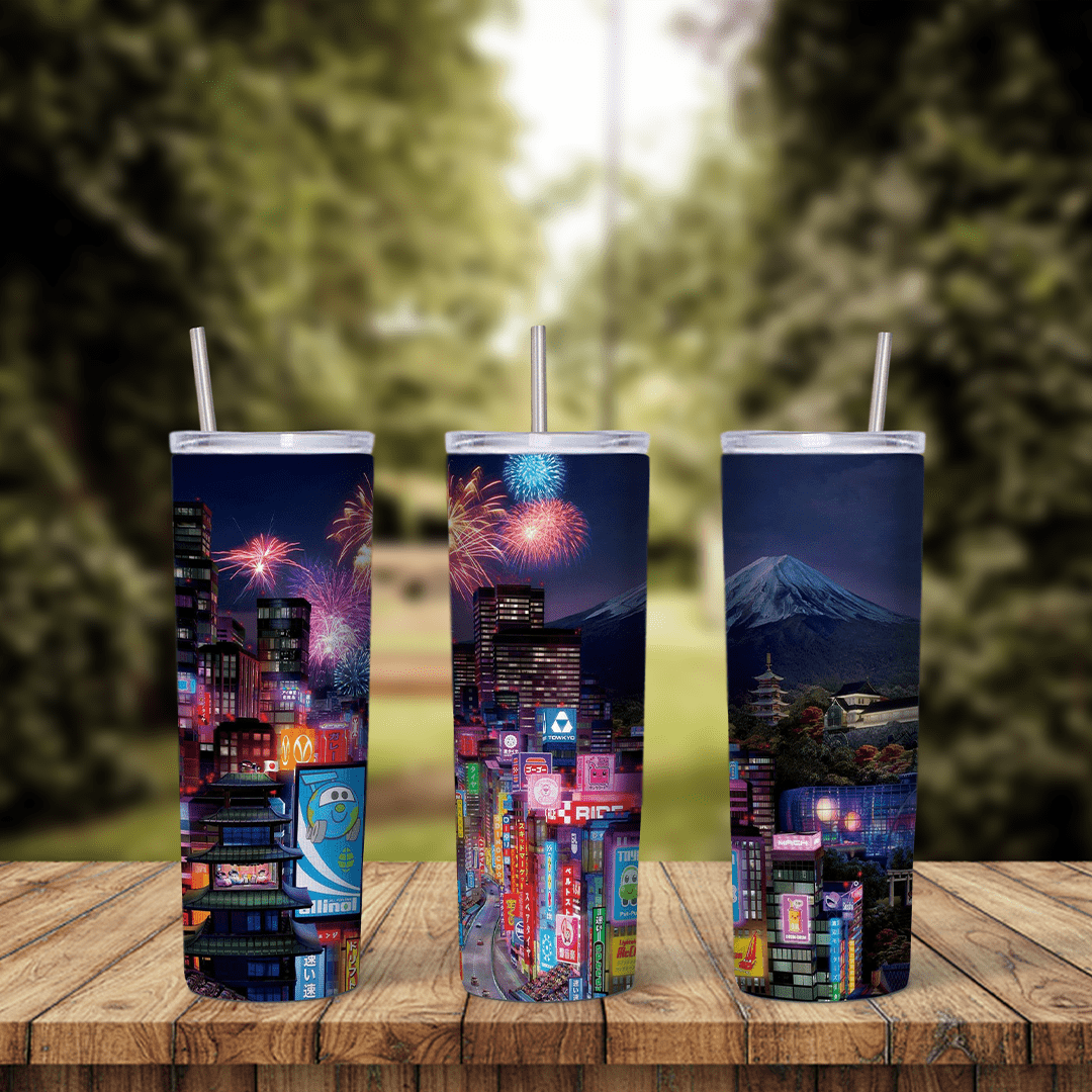 A full 20 oz skinny tumbler wrap with a Tokyo night scene: neon lit streets, skyscrapers and fireworks, with Mount Fuji under. Sublimation design