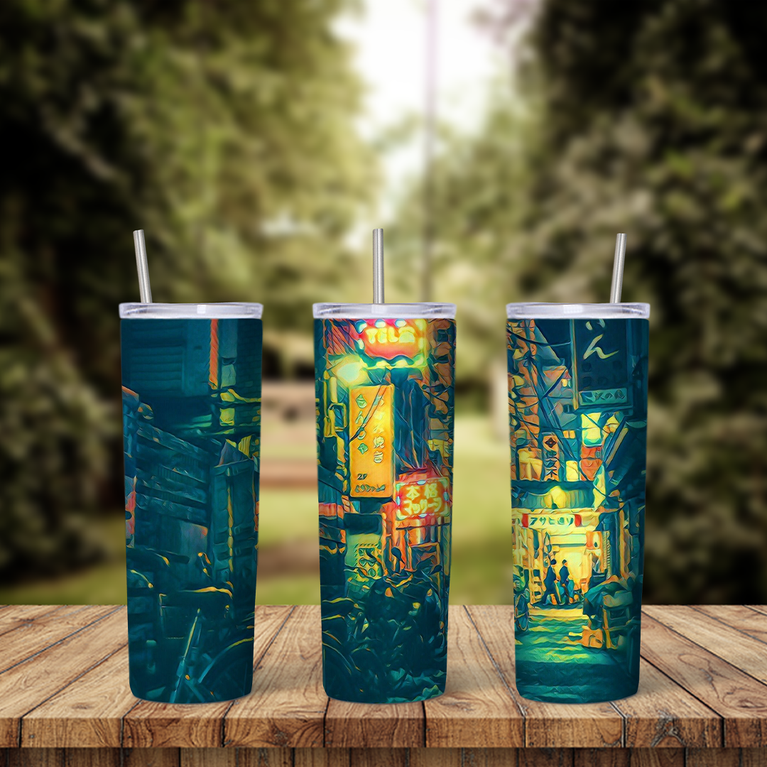 A full 20 oz skinny tumbler wrap with a narrow Tokyo alley at night, glowing neon signs and hanging lights in teal, green. Sublimation design