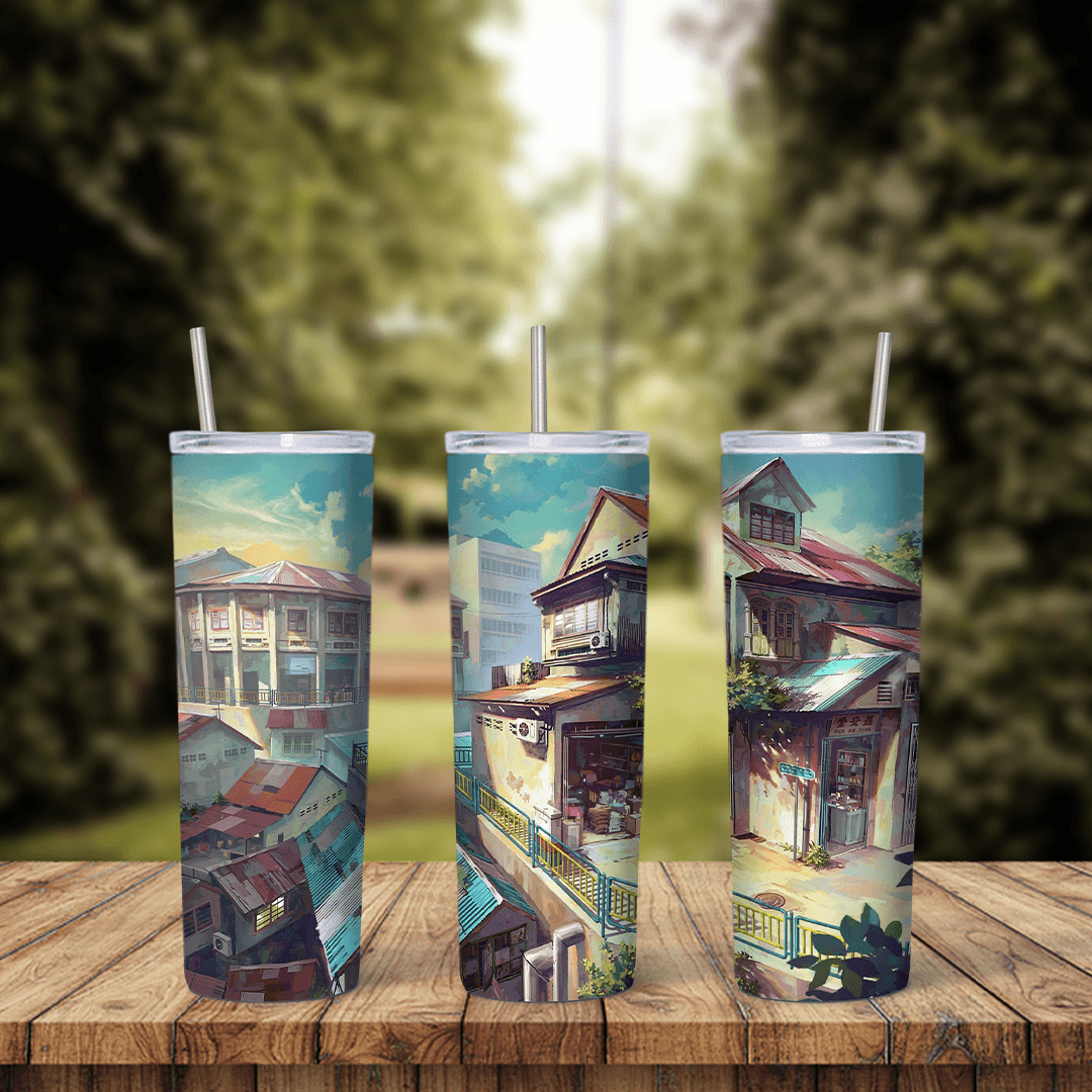 A full 20 oz skinny tumbler wrap of anime style scenery: colorful houses stacked on a green hillside with stairs and balconies. Sublimation design