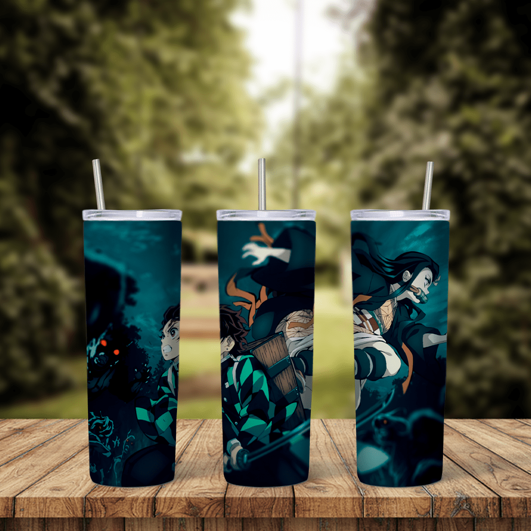 A Demon Slayer tumbler wrap with Tanjiro in his checkered haori and other slayers in battle poses on dark teal tones. Sublimation design