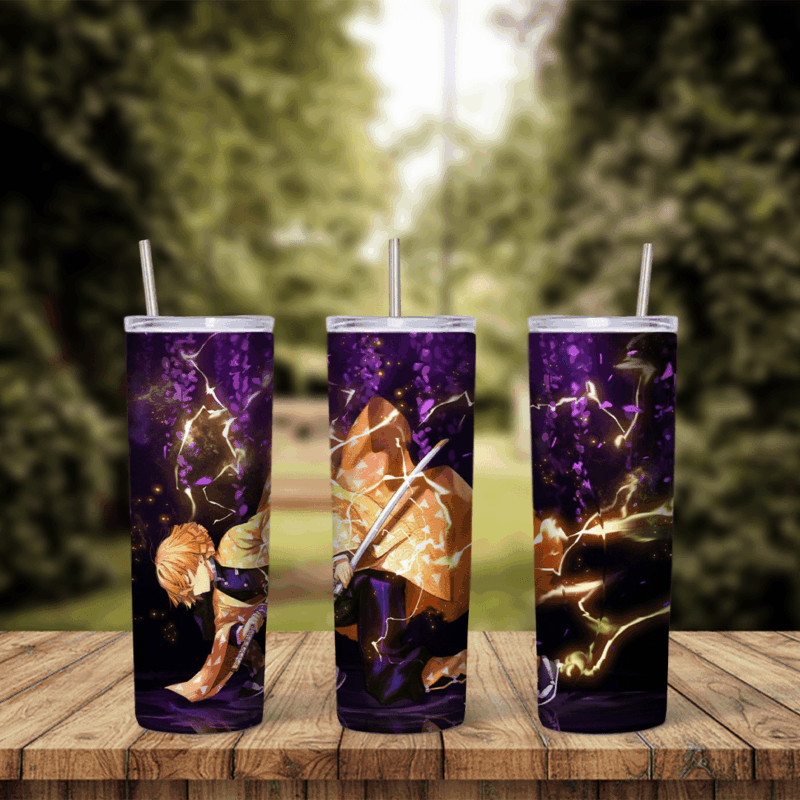 A Demon Slayer tumbler wrap with Zenitsu in his yellow haori striking through golden lightning on a purple background. Sublimation design