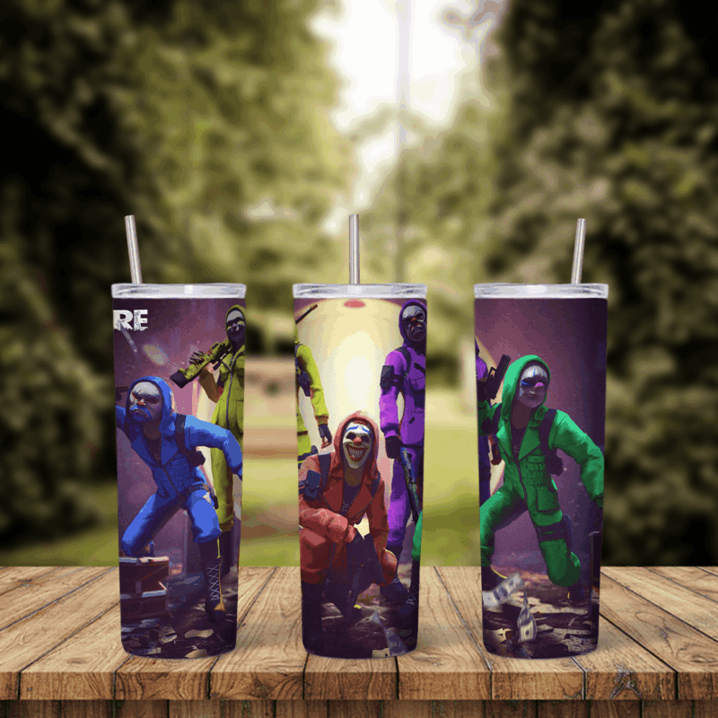 A Free Fire tumbler wrap with a squad of characters in blue, red, green and purple outfits posing in a dark arena. Sublimation design