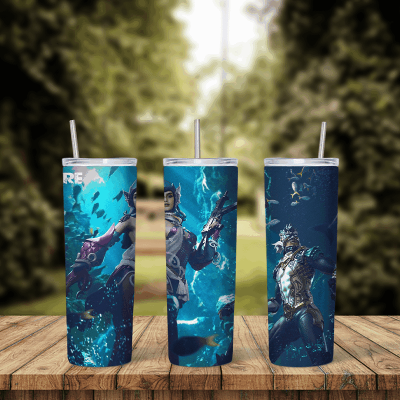 A Free Fire tumbler wrap with game characters in an underwater battle scene in deep blue and teal tones. Sublimation design