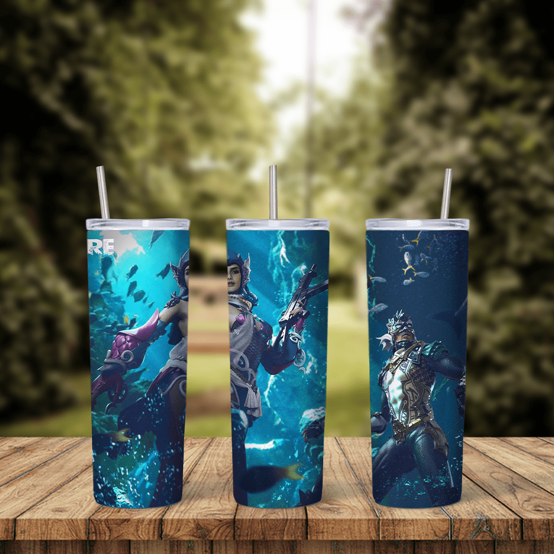 A Free Fire tumbler wrap with game characters in an underwater battle scene in deep blue and teal tones. Sublimation design