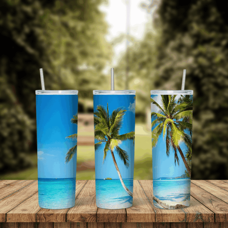 A full 20 oz skinny tumbler wrap with a tropical beach scene: tall palm trees leaning over turquoise water and white sand under. Sublimation design