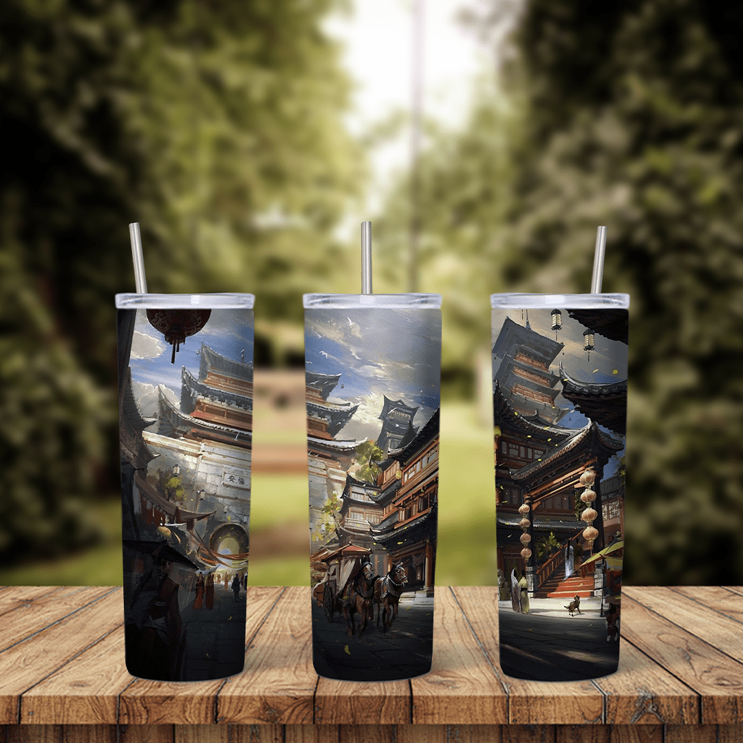 A full 20 oz skinny tumbler wrap of an anime style Japanese town with temple roofs, lanterns and a busy street in muted tones. Sublimation design