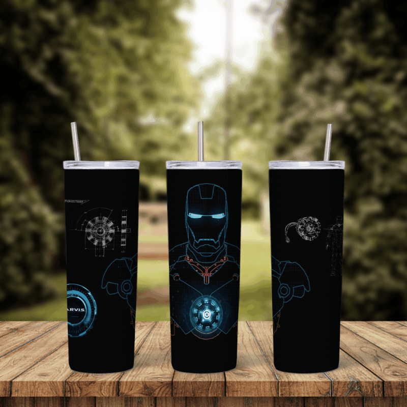 A 20 oz skinny tumbler wrap with glowing blue hologram line art of the Iron Man suit, HUD circles and the arc reactor on a black. Sublimation design