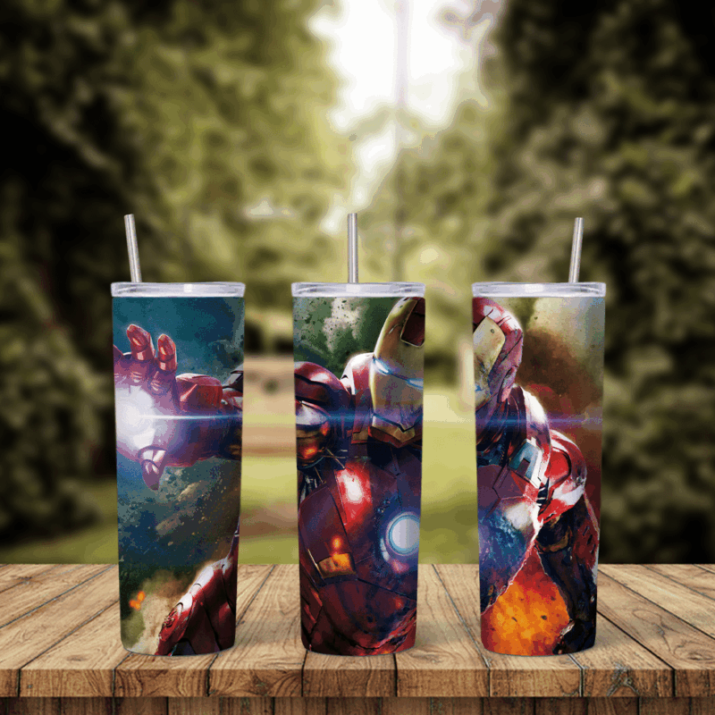A 20 oz skinny tumbler wrap with painted scenes of Iron Man firing his repulsors in battle, with bright lens flares and flames. Sublimation design