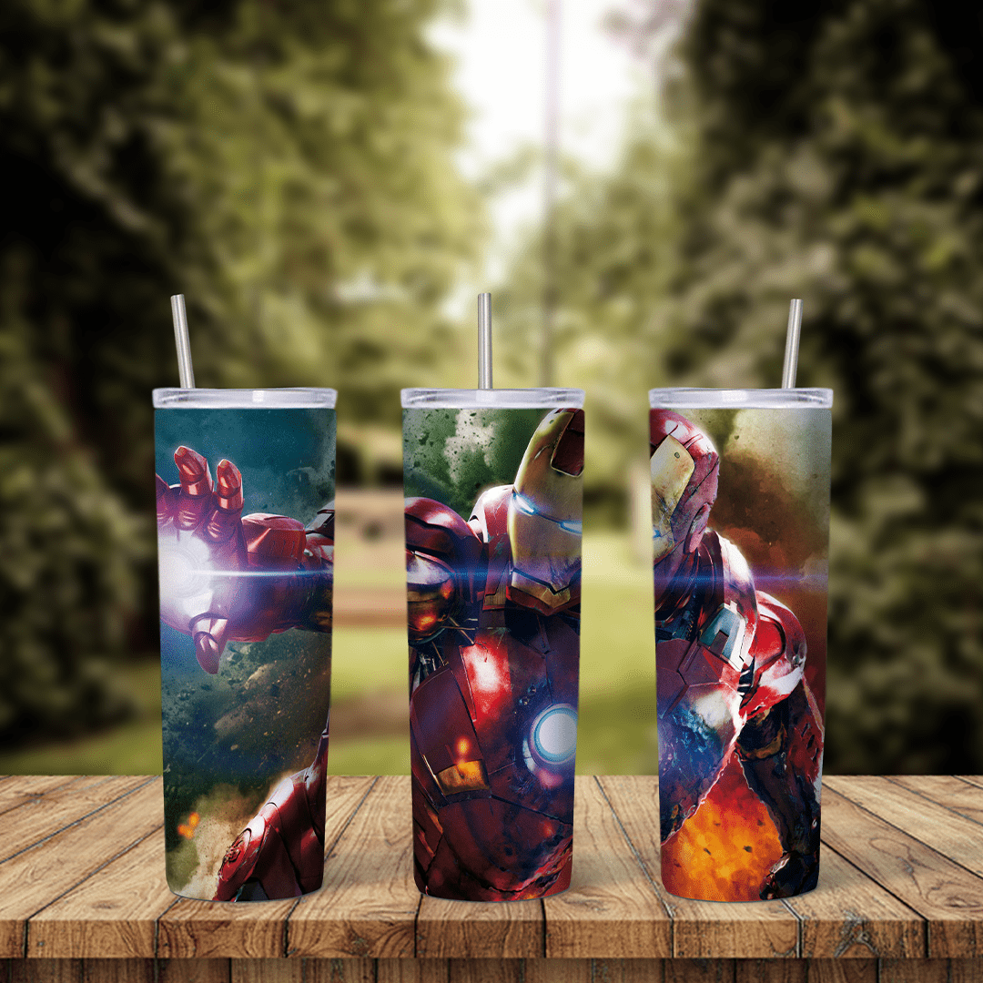 A 20 oz skinny tumbler wrap with painted scenes of Iron Man firing his repulsors in battle, with bright lens flares and flames. Sublimation design