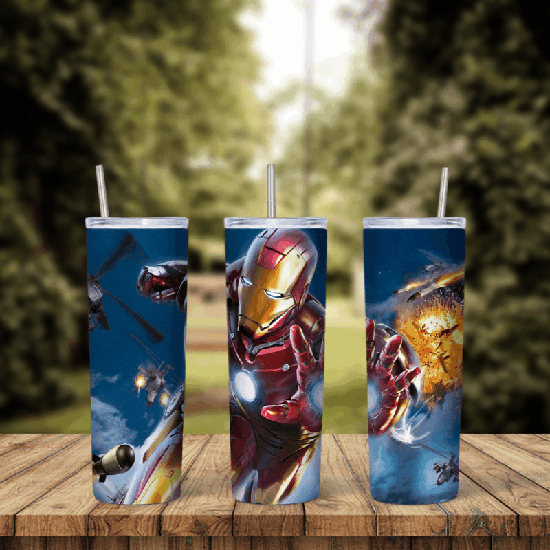 A 20 oz skinny tumbler wrap with Iron Man in flight among action scenes of the armor firing repulsors and fighting in a blue sky. Sublimation design