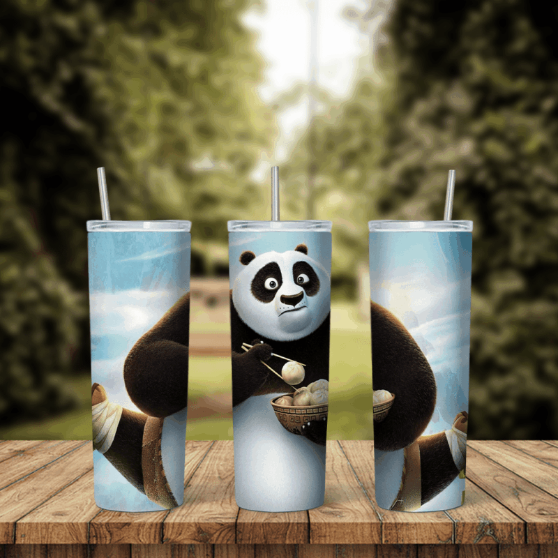 A full 20 oz skinny tumbler wrap with Po from Kung Fu Panda sitting with a bowl and chopsticks on a soft blue sky background. Sublimation design