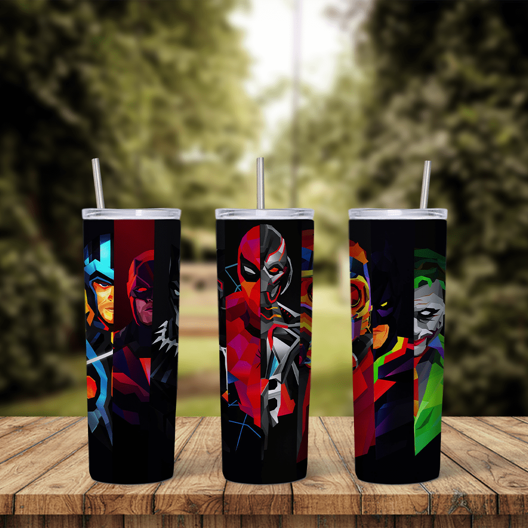 A 20 oz skinny tumbler wrap on black with dark, moody portraits of costumed heroes, including Spider-Man in the center, lit. Sublimation design