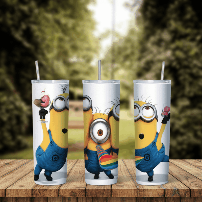 A full 20 oz skinny tumbler wrap with Minions on white: three yellow Minions in blue overalls and goggles waving, dancing. Sublimation design