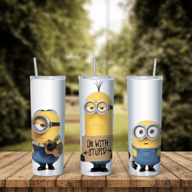 A full 20 oz skinny tumbler wrap with Minions on white: one playing a guitar, one holding an Im With Stupid sign and one standing. Sublimation design