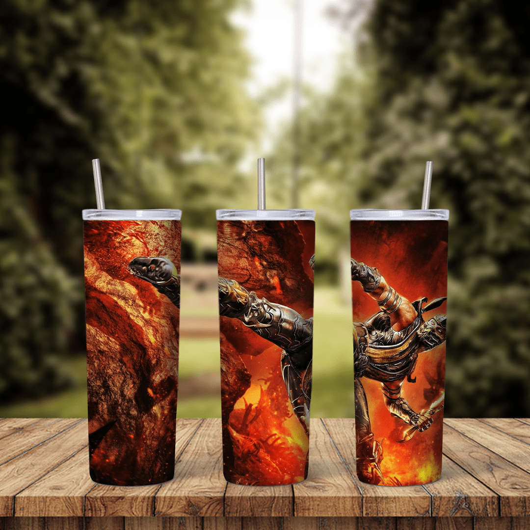 A full 20 oz skinny tumbler wrap with Mortal Kombat fighters locked in battle inside a blazing red and orange fire scene. Sublimation design
