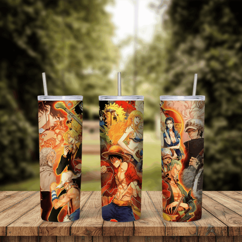 A full 20 oz skinny tumbler wrap with One Piece anime art: Luffy in his straw hat, Zoro, Nami, Robin and other Straw Hat crew. Sublimation design
