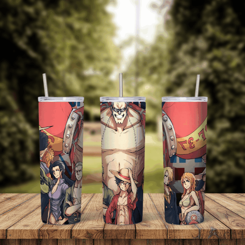 A full 20 oz skinny tumbler wrap with One Piece art: Luffy in his straw hat between Nami and Robin, with a large skeleton figure. Sublimation design