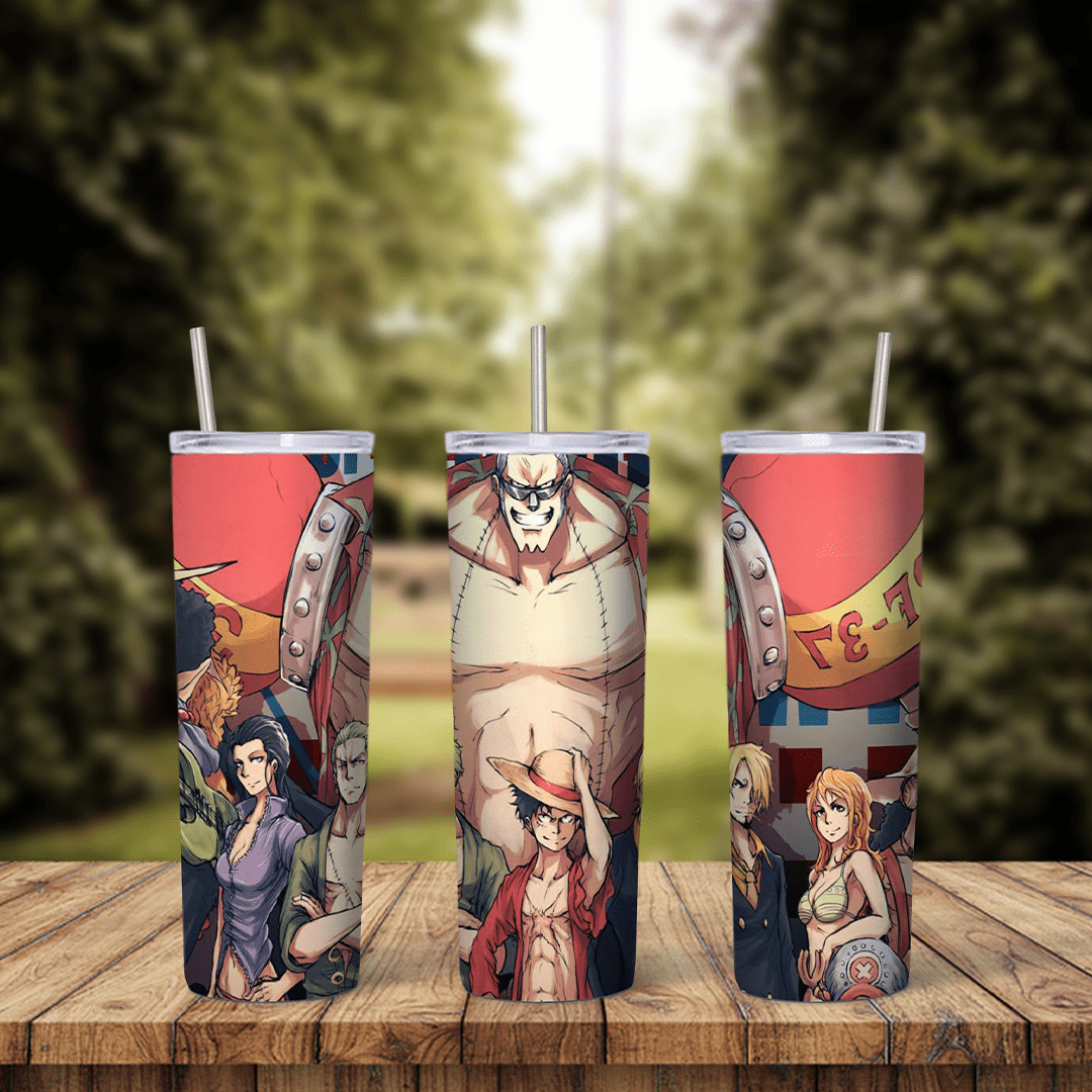 A full 20 oz skinny tumbler wrap with One Piece art: Luffy in his straw hat between Nami and Robin, with a large skeleton figure. Sublimation design