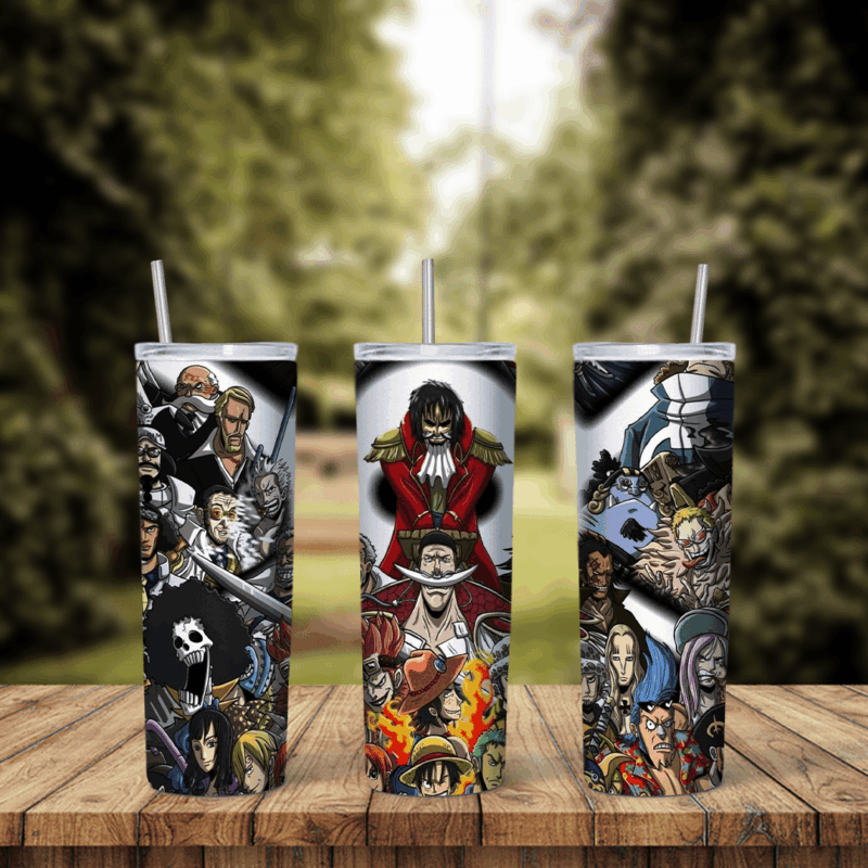 A full 20 oz skinny tumbler wrap with a dark One Piece collage: pirate captains and crew members including Brook and Luffy. Sublimation design