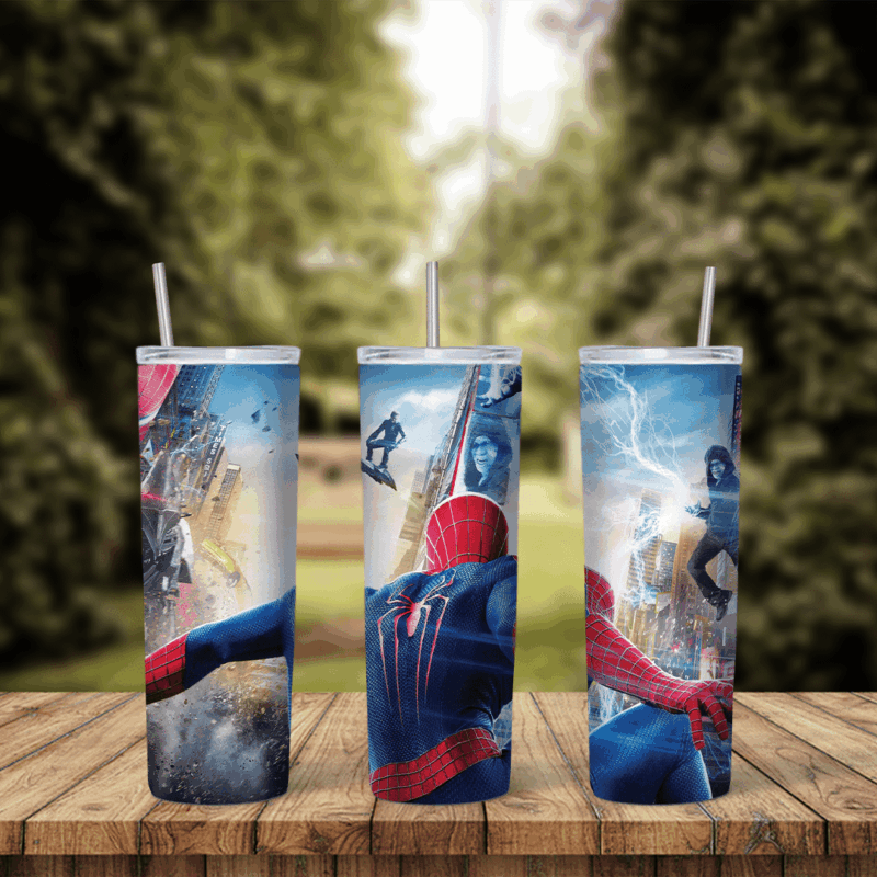 A 20 oz skinny tumbler wrap with movie style scenes of Spider-Man swinging through the city and fighting in blue electric. Sublimation design