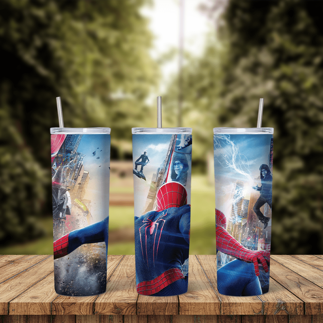 A 20 oz skinny tumbler wrap with movie style scenes of Spider-Man swinging through the city and fighting in blue electric. Sublimation design