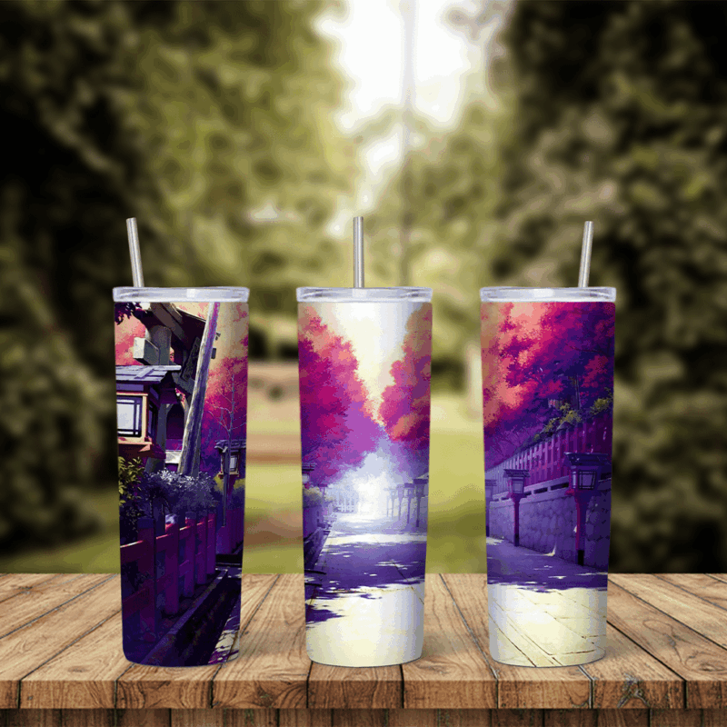 A full 20 oz skinny tumbler wrap of an anime style street scene: a path lined with purple trees, a house and soft white light. Sublimation design