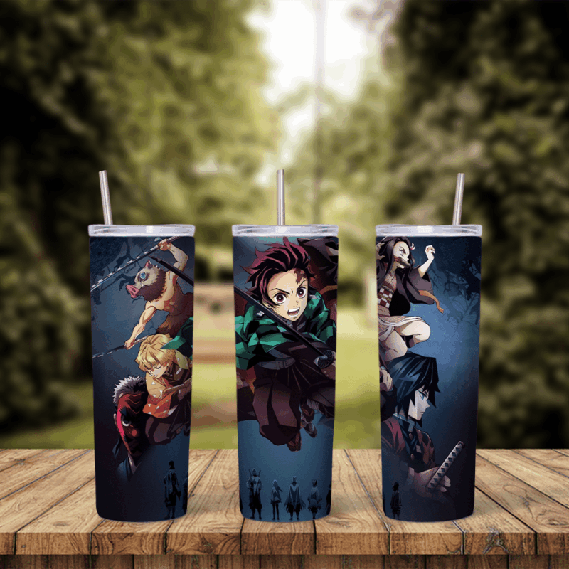A Demon Slayer tumbler wrap: Tanjiro, Nezuko, Zenitsu, Inosuke and other demon slayers leaping with swords on a dark blue. Sublimation design