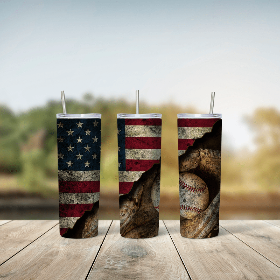A 20 oz skinny tumbler wrap with a distressed American flag torn open to reveal worn baseballs resting in a leather glove. Sublimation design