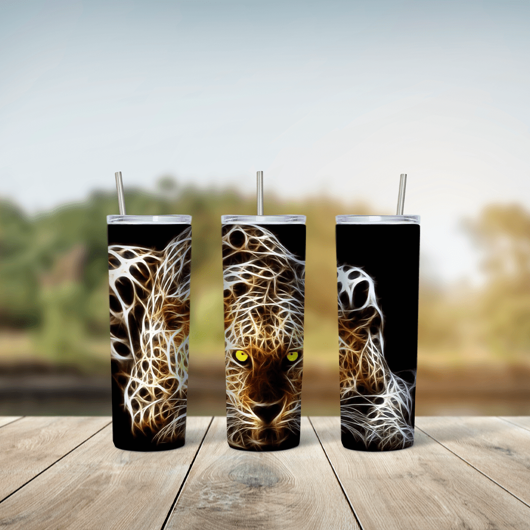 A leopard tumbler wrap with a big cat drawn in glowing white and orange fractal light lines with yellow eyes on a black background. Sublimation design