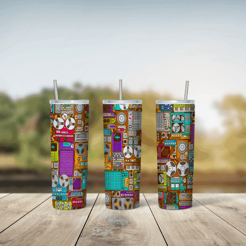 A 20 oz skinny tumbler wrap with a bright collage of vintage electronics: reel to reel tape recorders, cassette decks, radios. Sublimation design