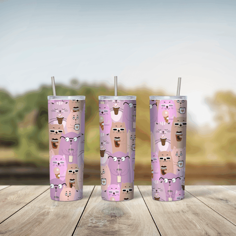 A pink 20 oz tumbler wrap with a pattern of small stacked cartoon cats in pink, peach and brown with tiny faces. Sublimation design