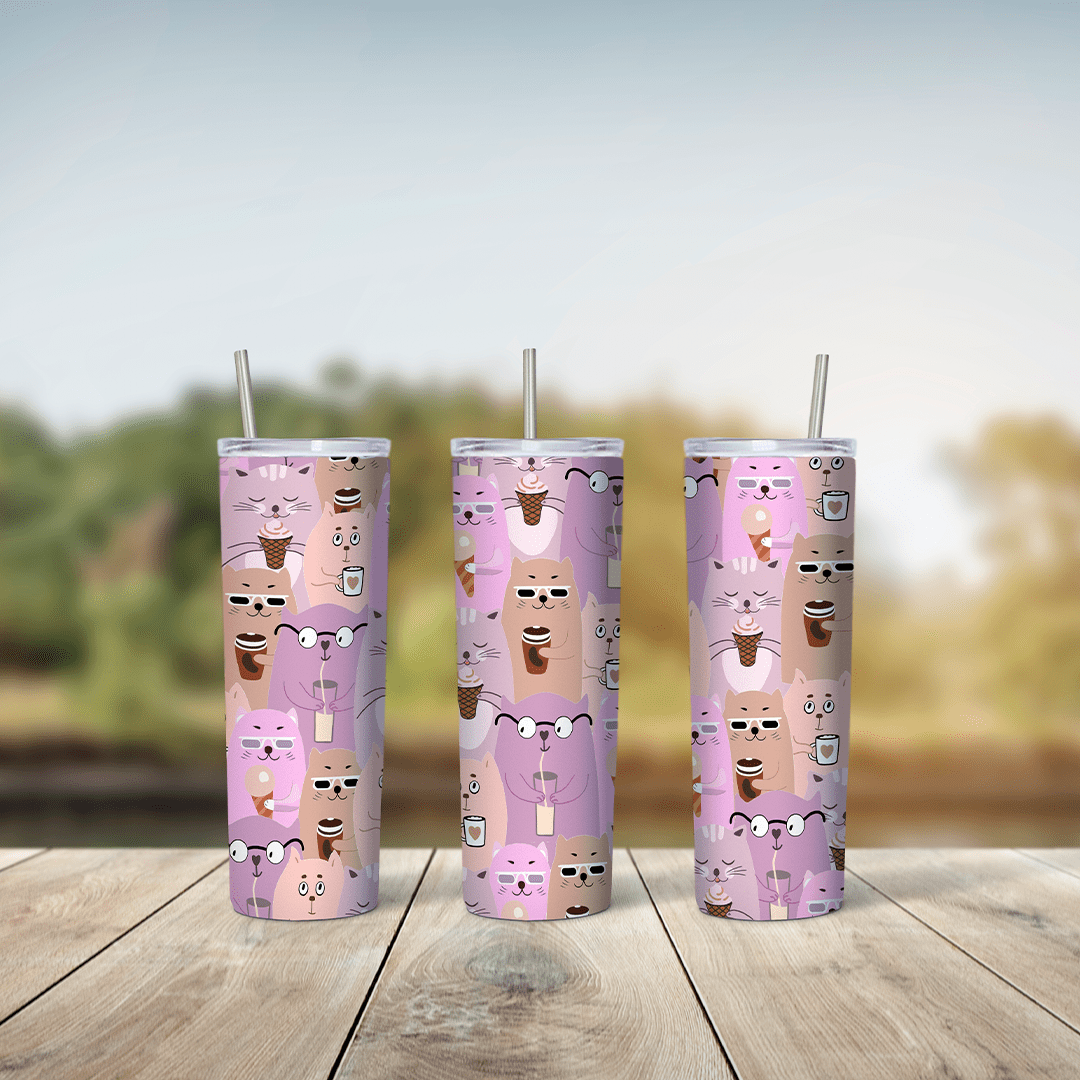 A pink 20 oz tumbler wrap with a pattern of small stacked cartoon cats in pink, peach and brown with tiny faces. Sublimation design
