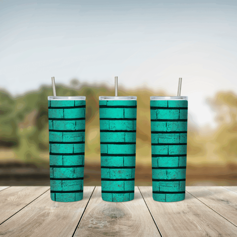 A full 20 oz skinny tumbler wrap with a turquoise brick wall texture with black mortar lines and a worn finish. Sublimation design
