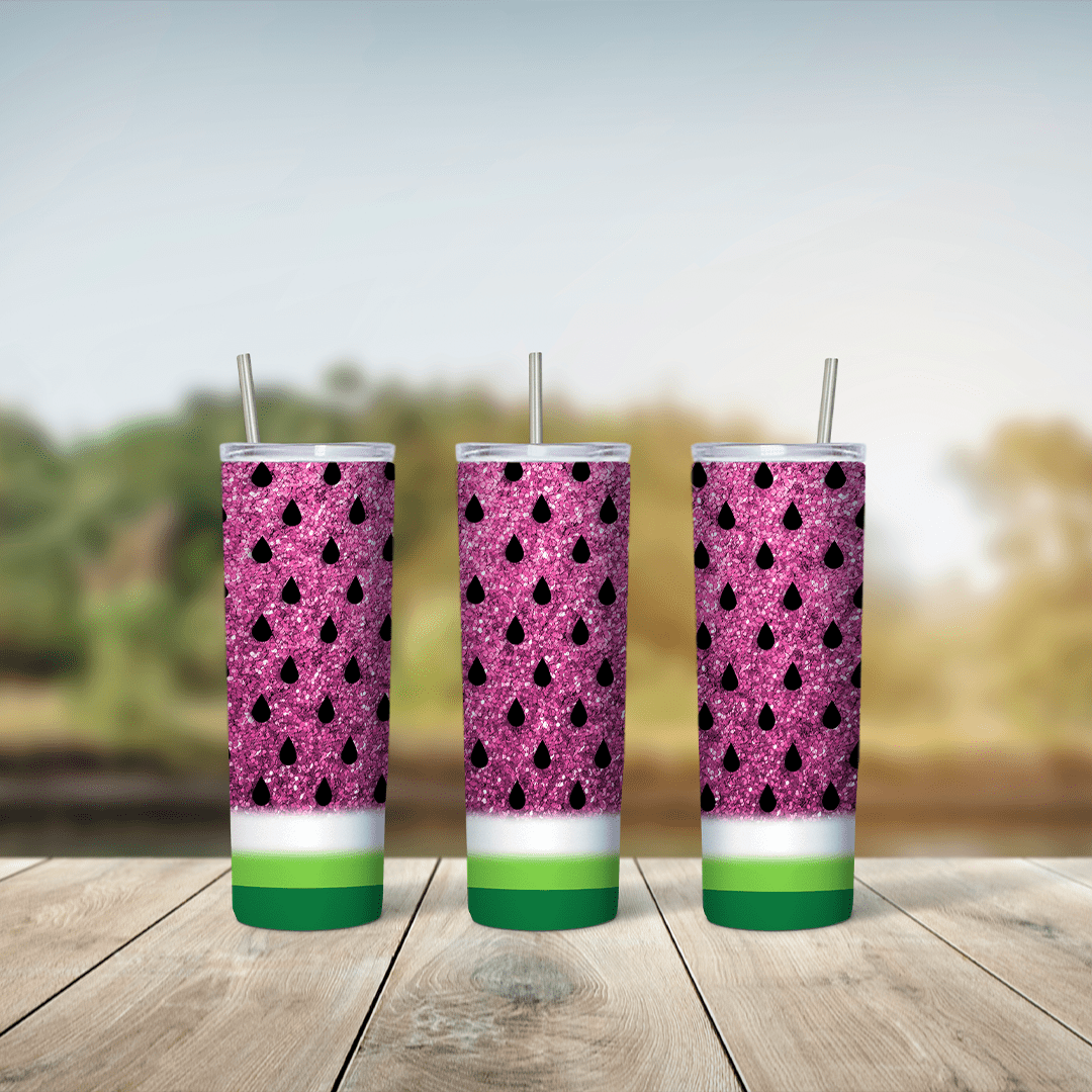 A full 20 oz skinny tumbler wrap styled as a watermelon in pink glitter with black seeds, above a white and green rind band. Sublimation design