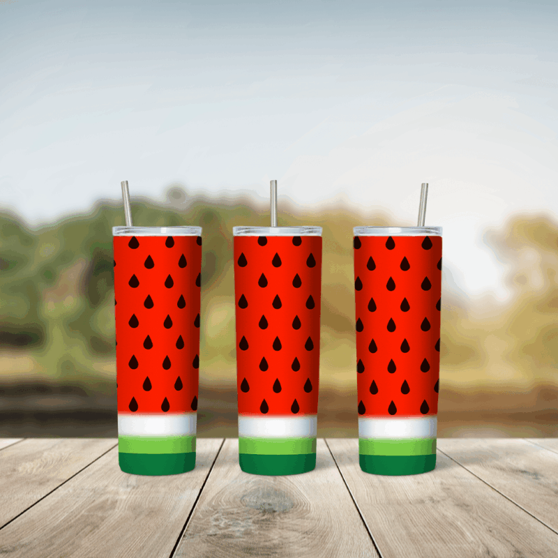 A full 20 oz skinny tumbler wrap styled as a watermelon: red flesh with black seeds above a white and green rind band. Sublimation design