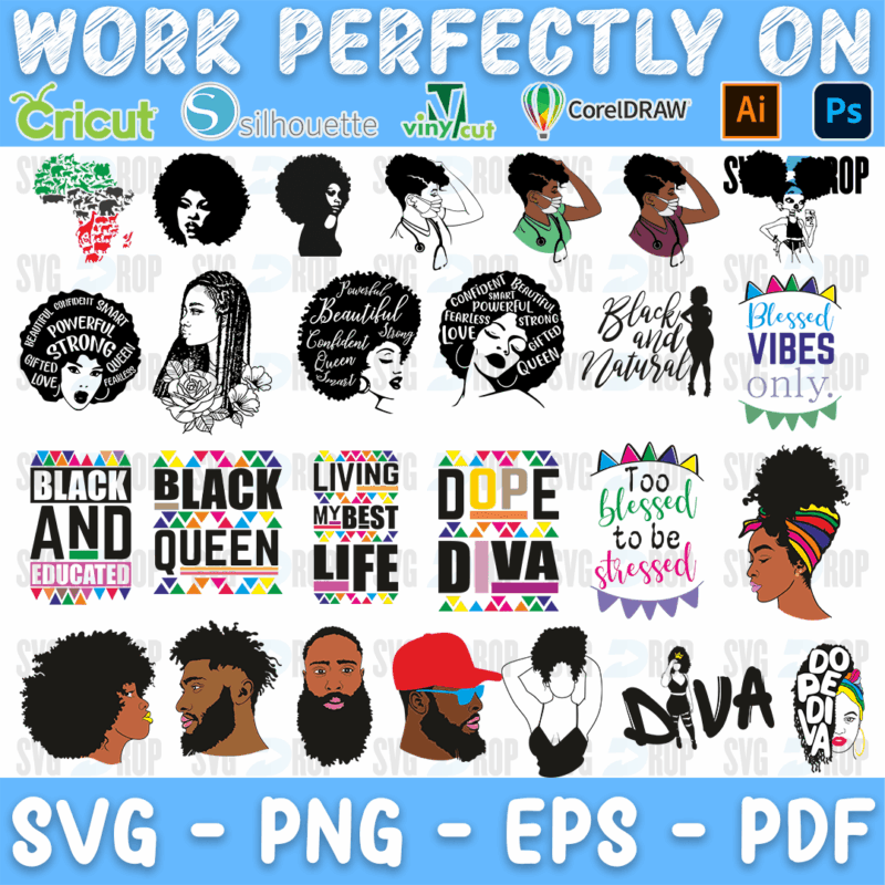 A full color bundle of Afro women and bearded Black men, plus Black and Educated, Black Queen, Living My Best Life, Dope Diva, Too. SVG bundle