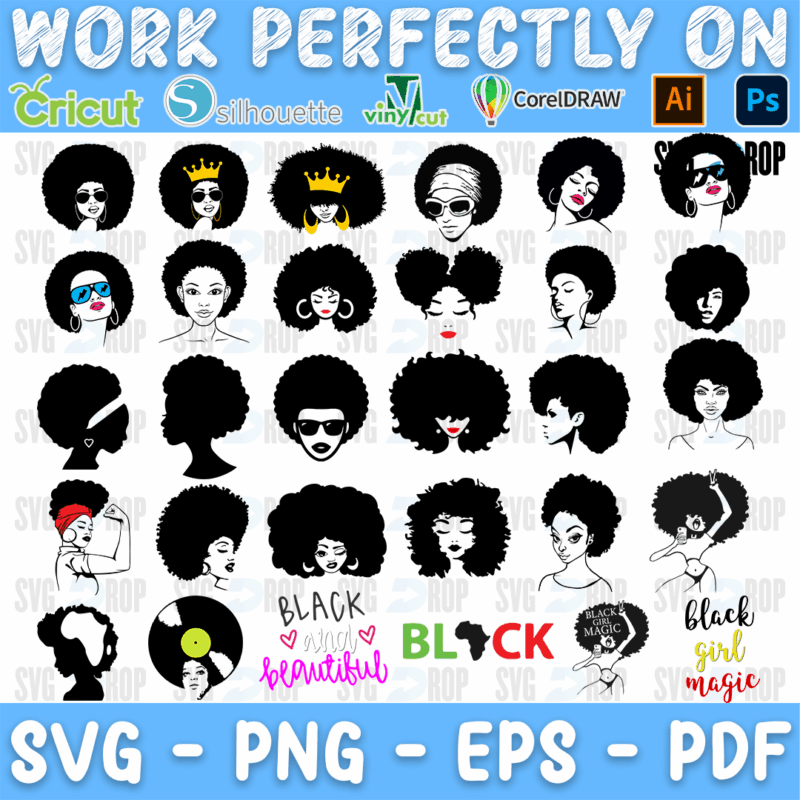 A bundle of black Afro woman silhouettes: big natural hair, gold crowns, sunglasses, a head wrap, a vinyl record head, a flexing woman. SVG bundle