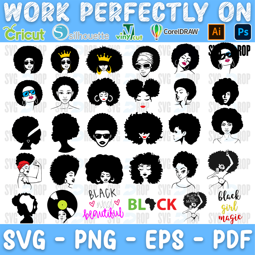 Afro Woman Record and Crown Silhouettes Bundle SVG