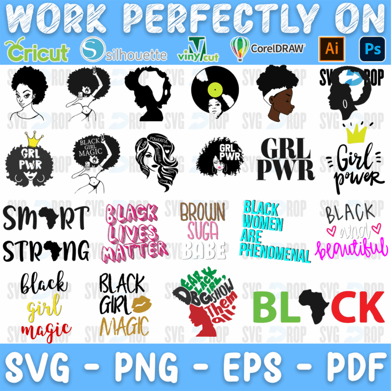 A bundle for Black women: Afro woman silhouettes, GRL PWR, Girl Power, Smart, Strong, Black Lives Matter, Brown Sugar Babe, Black Women. SVG bundle